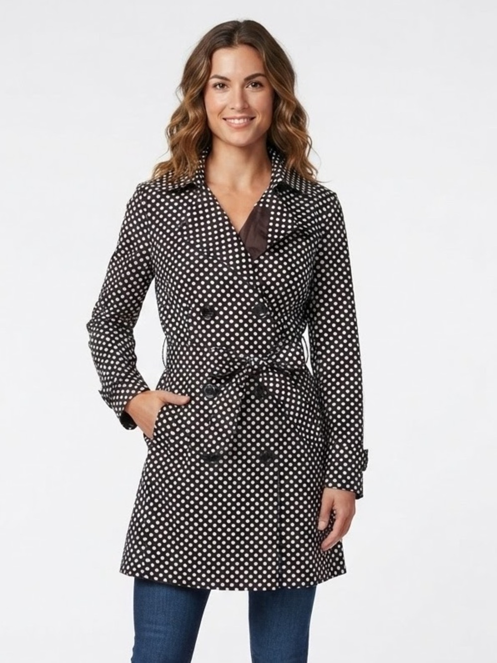 Vertigo Paris Black Polka Dot Trench Coat Size L retro Parisian workwear chic